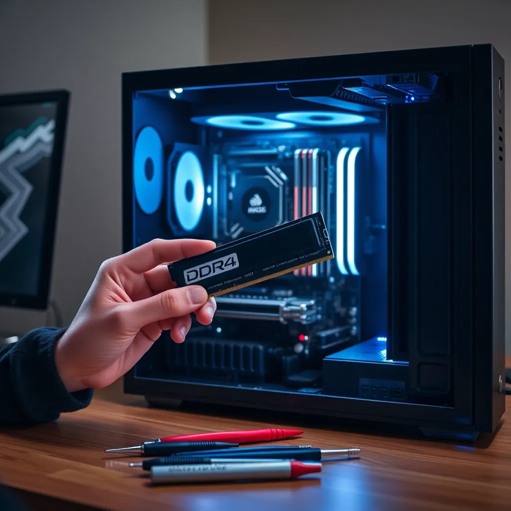 a person installing a DDR4 RAM stick into a desktop motherboard, with the computer case open and tools neatly arranged on a wooden desk under soft lighting