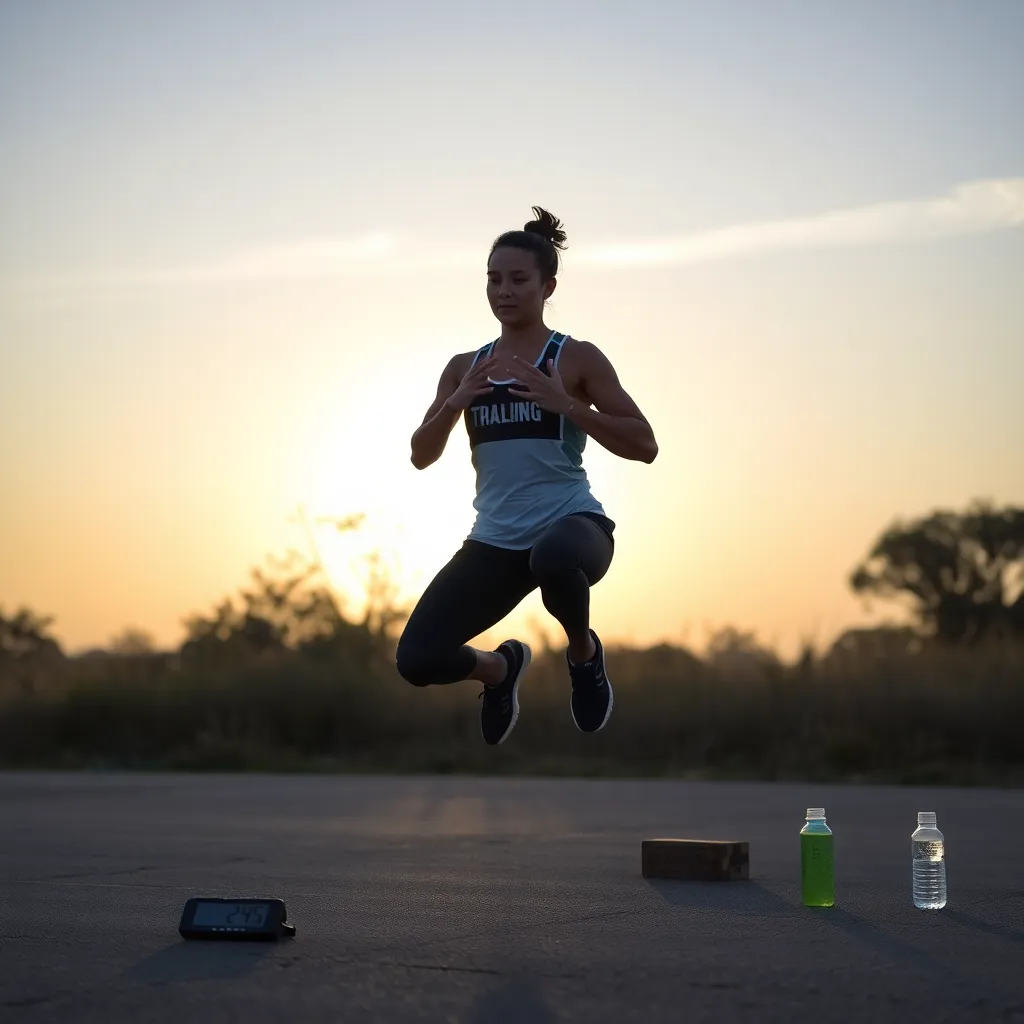a person performing a HIIT workout outdoors at sunrise, mid-jump during a squat jump, wearing athletic gear, with a timer and water bottle visible nearby