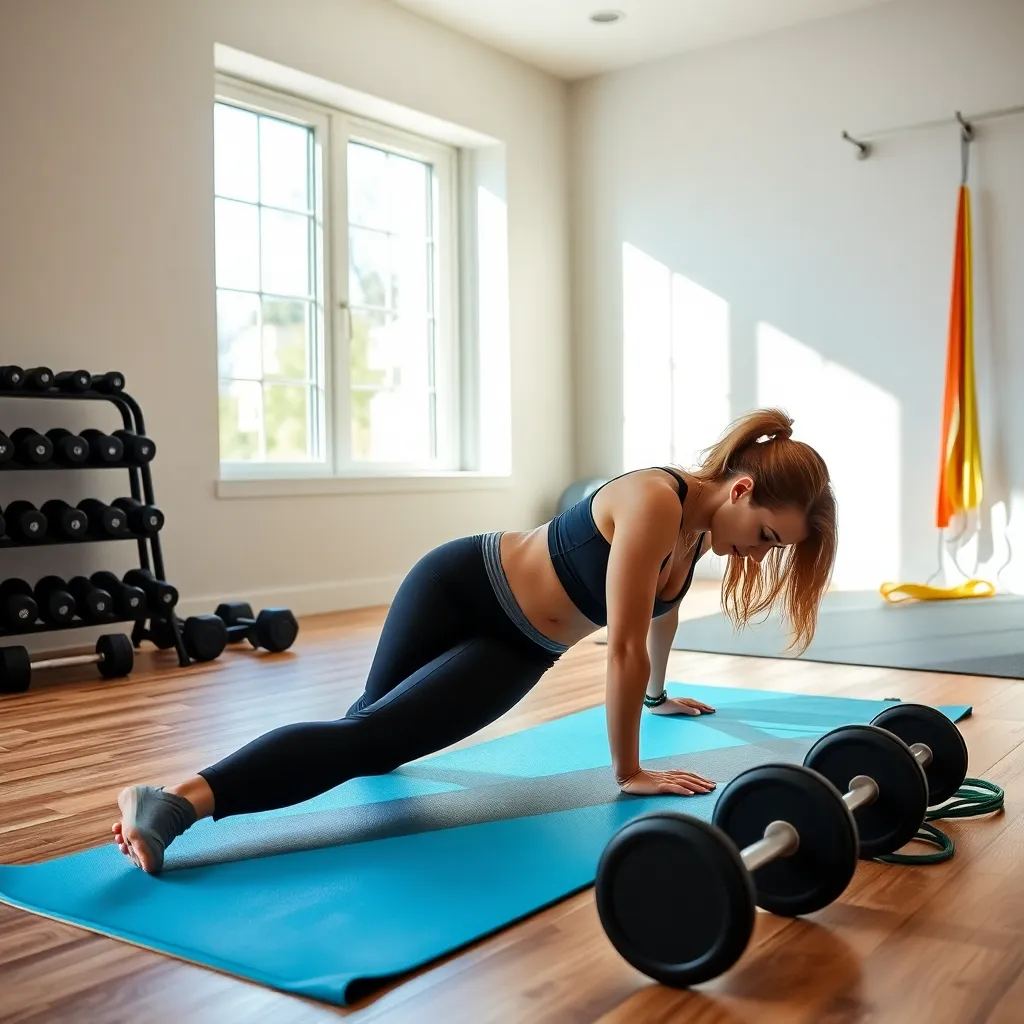 a woman doing a plank exercise on a yoga mat in a bright home gym, with dumbbells and resistance bands neatly arranged nearby, daylight streaming through a window