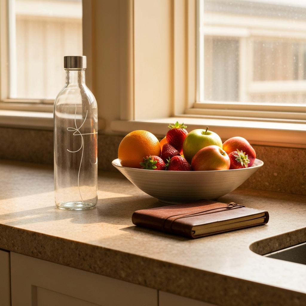 a clear glass water bottle next to a bowl of fresh fruit and a journal on a kitchen counter, morning sunlight streaming through a window
