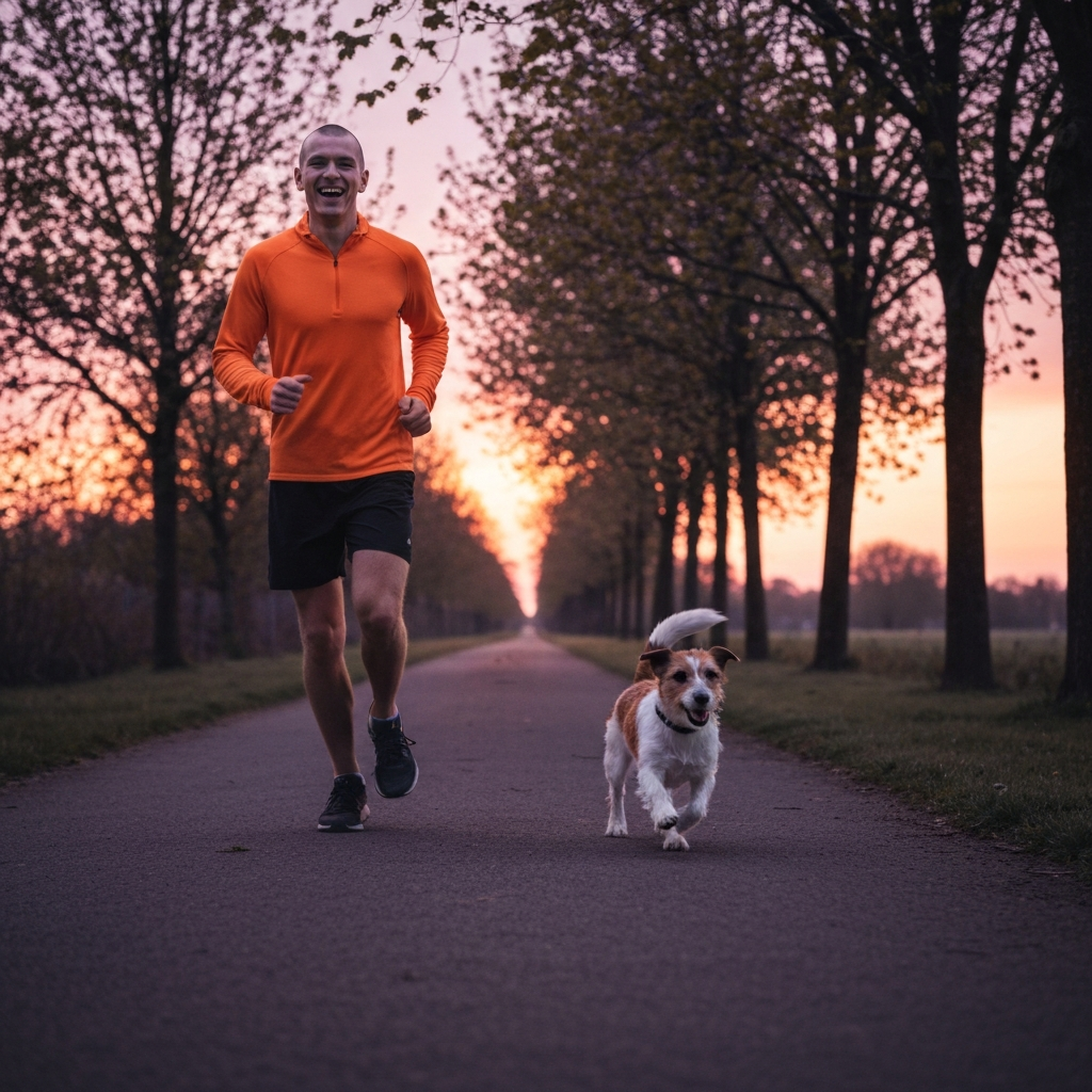a person jogging on a tree-lined path during sunrise, wearing comfortable activewear and a smile, with a dog running beside them