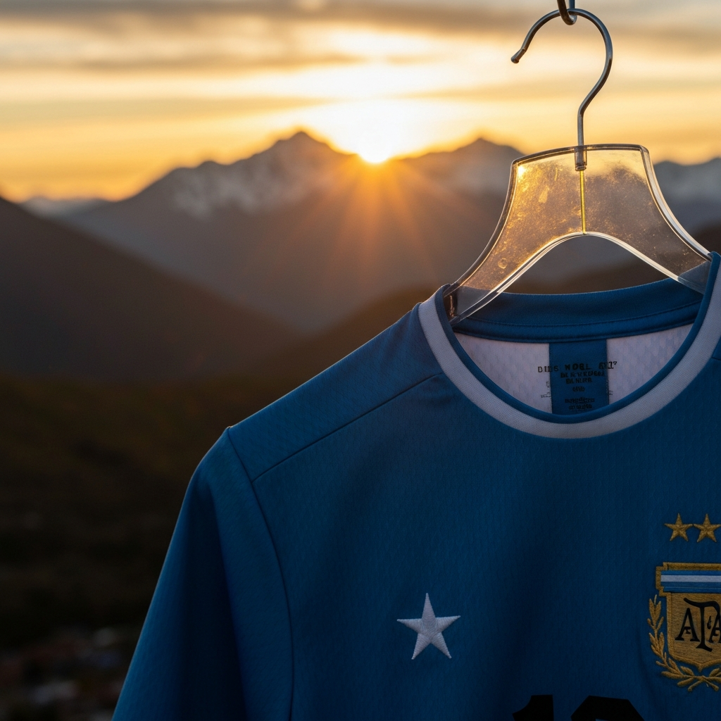 close-up of Argentina's 2026 World Cup home jersey hanging on a transparent hanger against a backdrop of the Andes mountains at sunset, golden light highlighting the fabric texture and embroidered national crest