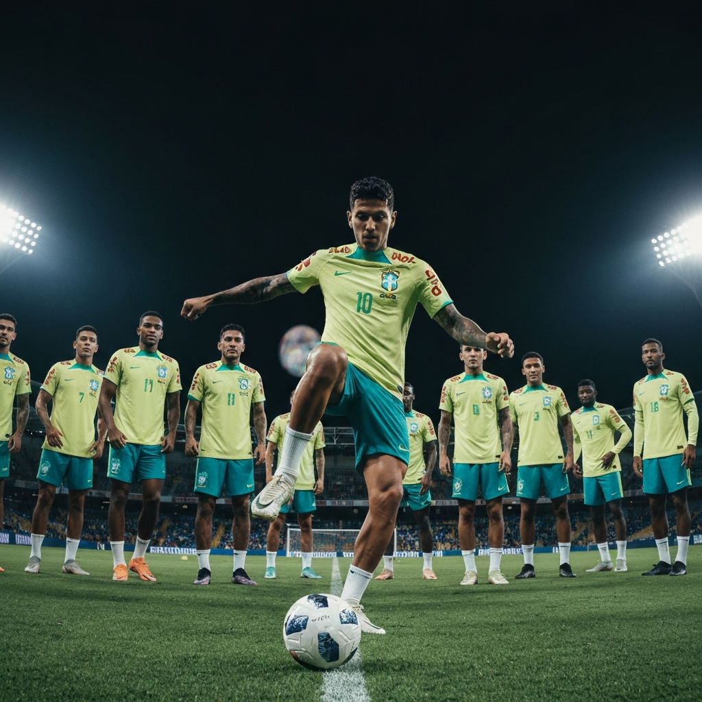 a group of Brazilian players in full kit training under bright stadium lights, one mid-kick showing off the jersey's dynamic lines, vibrant colors glowing against a night sky