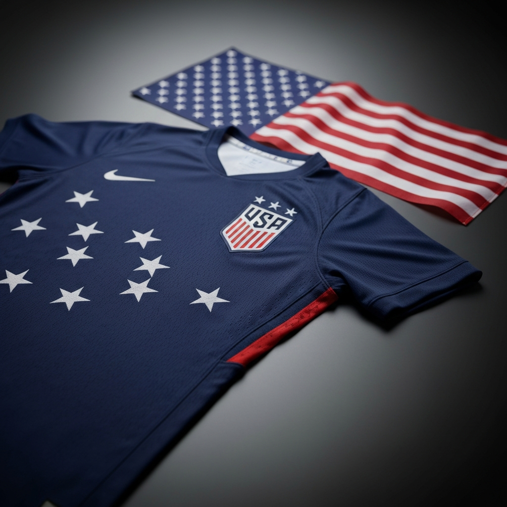 a studio shot of the USA 2026 World Cup jersey laid flat, high-resolution detail showing micro-patterned stars and ventilation zones, with a blurred American flag in the background